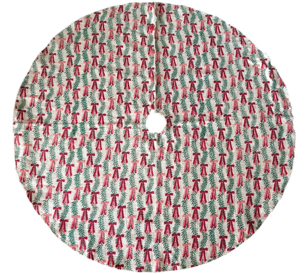 Shabby Chic Bow Print Christmas Tree Skirt 52.5” D Burlap Beige Tan Pink Red